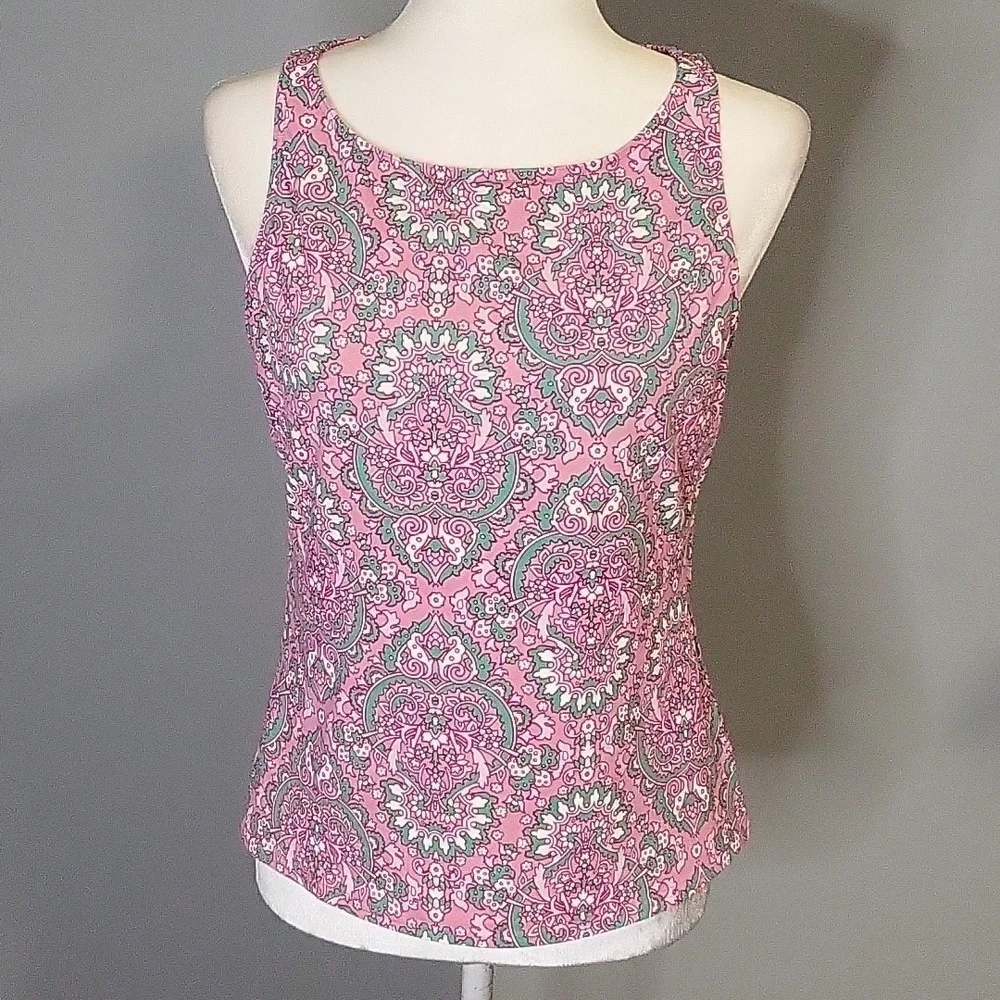 Lands' End Pink and Green Paisley Shelf Bra Tankini Top Size 12